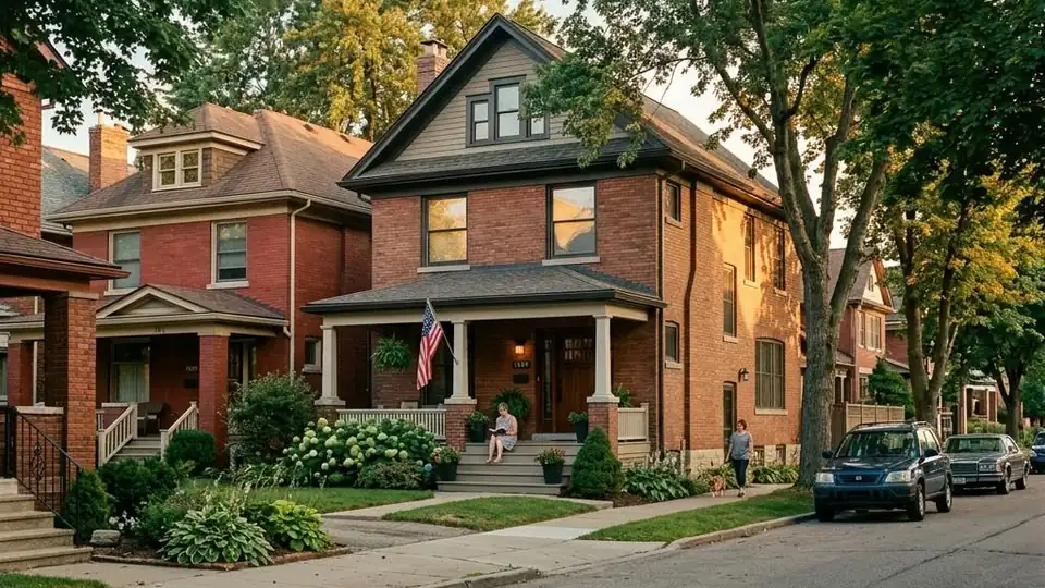 Row of brick homes with front porches on a tree lined Detroit street
