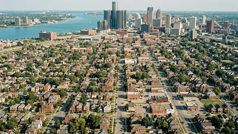 Aerial view of Detroit neighborhoods along the river with the downtown skyline