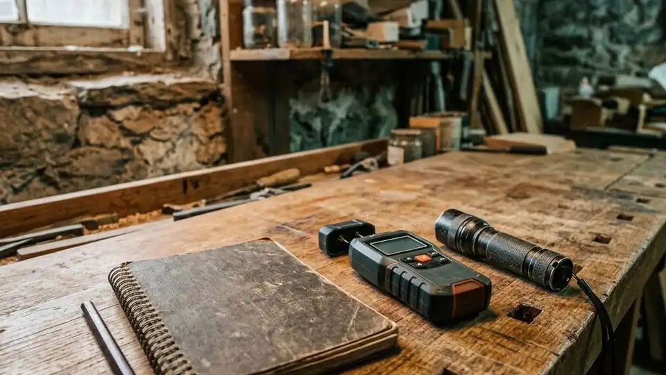 Notebook, moisture meter, and flashlight on a basement workbench