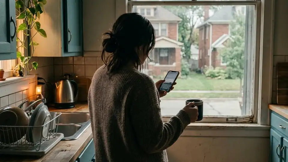 Homeowner holding a phone near a kitchen window in a Detroit home