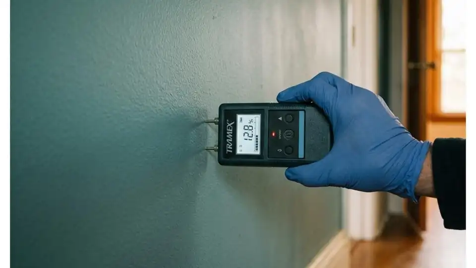 Moisture meter pressed against drywall by a gloved hand