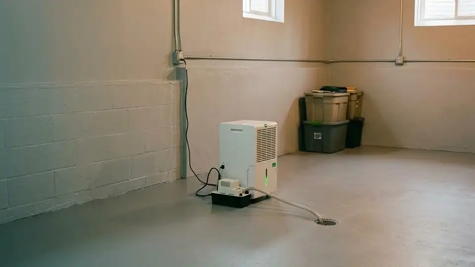 Clean, dry basement with sealed walls and a dehumidifier