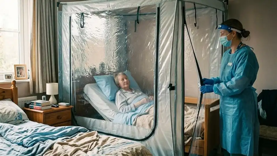 Plastic containment tent with zipper door inside a bedroom