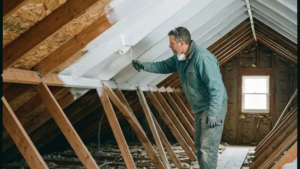 Attic roof sheathing coated in white encapsulant