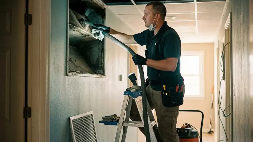 Technician cleaning the inside of an HVAC return plenum