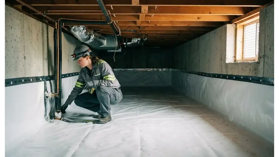 Crawl space with a new white vapor barrier on the ground