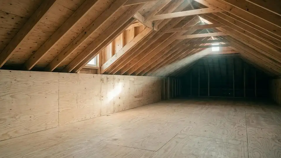 Clean attic with plywood sheathing and light through vents