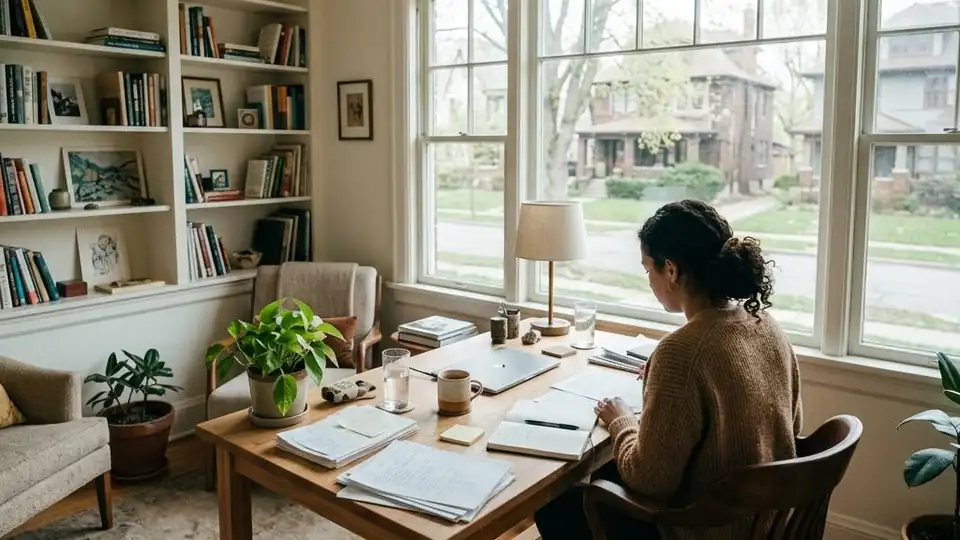 Bright home office desk with papers beside a window