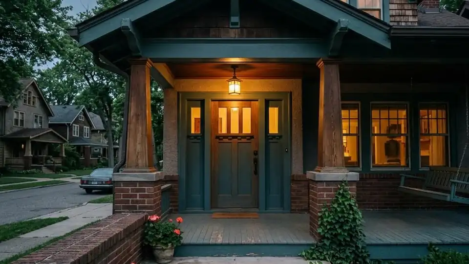 Front door of a Detroit craftsman home with the porch light on