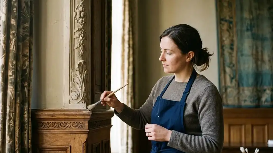 Careful cleaning of historic plaster molding and wood trim
